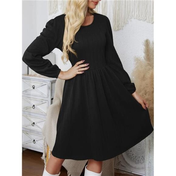 Women's Sweater Dress Ribbed Knit Black - Picture 2 of 6